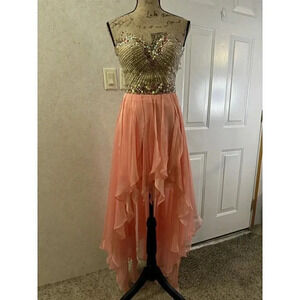 SHERRI HILL Coral Pink Nude High Low Cocktail Dress Sz 00 Rhinestone Whimsical